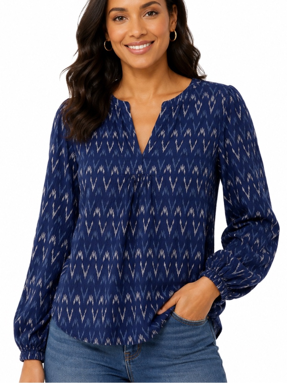 J. Crew Navy Ikat Chevron Split V-Neck Long-Sleeve Blouse